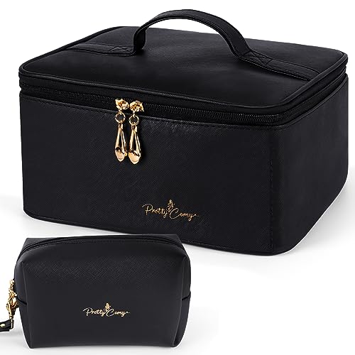 Pretty Comy Cosmetic Bags for Women, 2 PCS Makeup Bags for Women, Travel Makeup Bag Portable Makeup Organizer with Adjustable Dividers for Cosmetics Makeup Brushes, Best Gift for Your Dear(Black)