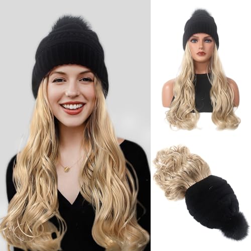 STfantasy Long Wavy Curly Hair Extensions Knit with Beanie Hat 26inch Heat Resistant Synthetic Wig Sewing Hairpiece Warm Pom for Women Winter Daily Wear (Blonde)