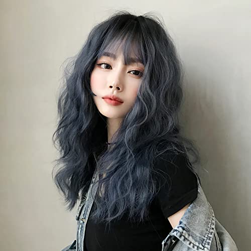 AIKO PRO Chic Korean Fashion 21 Inch Long Fluffy Curly Wavy Wig Bangs, Natural Heat-Resistant Synthetic Hair Wigs with Fringe For Cosplay and Daily Wear (Blue Ombre)