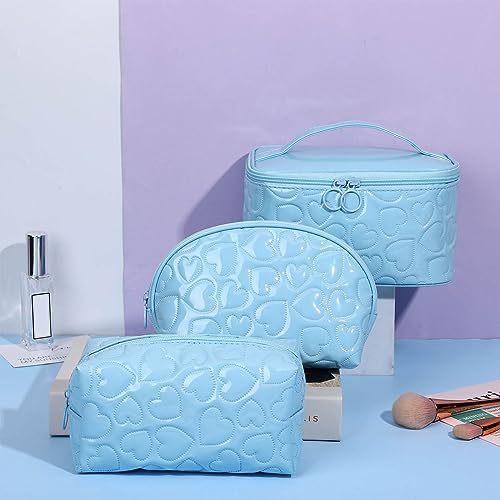 Toonshare Makeup Bag Set of 3 Travel Cosmetic Bag Make Up Organizer Case Portable Waterproof PU Toiletry Bag Zipper Pouch Purse (blue)