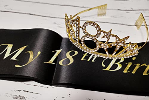 Happy 18th Birthday Tiara and Sash Gifts Crystal Rhinestone Princess Crown Birthday Girl Party Favor Supplies Gold Crowns Black Sash