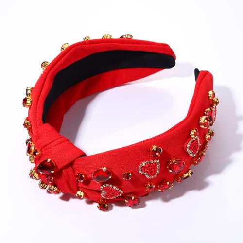 CEALXHENY Valentine’s Day Headband for Women Beaded Heart Headbands Red Pink Rhinestone Crystal Knotted Headband XOXO Love Heart Jeweled Hairbands Valentine’s Day Hair Accessories Gifts (Red Heart A)