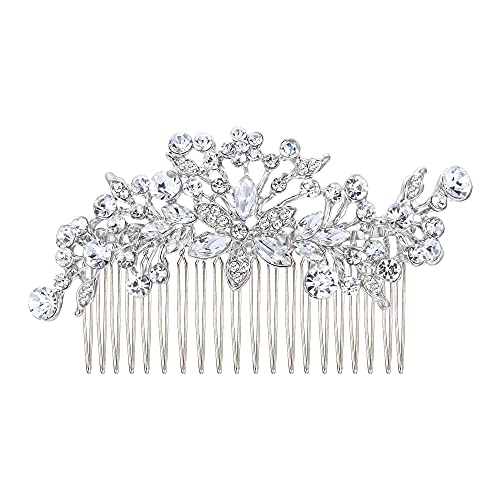 EVER FAITH Women's Clear Rhinestone Crystal Blooming Flower Leaf Stunning Wedding Bride Hair Comb Silver-Tone