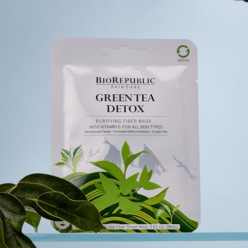 BioRepublic SkinCare Green Tea Detox Purifying Fiber Masks | Biodegradable Sheet Masks Infused with Vitamin E | Organic Green Tea Facial Masks (3)