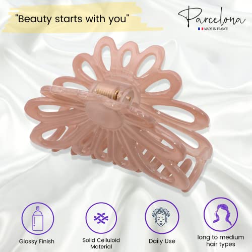 Parcelona French Plume 3" Celluloid No Slip Grip French Covered Spring Jaw Hair Claw Durable Styling Hair Accessories Women Strong Hold Girls Hair Claw Clips, Made in France (Blush Pink)