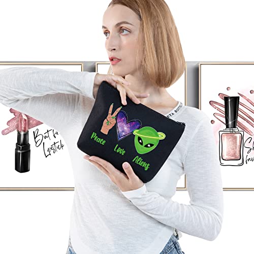 LEVLO Funny Alien Cosmetic Bag Alien Lover Gift Peace Love Alien Makeup Zipper Pouch Bag UFO ET Fans Gift (Peace Alien Black)