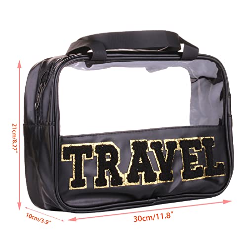 CRUOXIBB Chenille Letter Clear PVC And PU leather Large Travel Cosmetic Toiletry Storage Bag Waterproof Makeup Tote Bag Organizer Bag for Women(TRAVEL-Black)