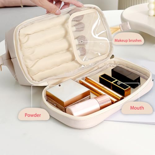 Qinyurj Travel Makeup Bag, Double Layer Cosmetic Bag, Leather Makeup Bag Organizer,Large Wide-open Toiletry Bag for Women(Off-White)