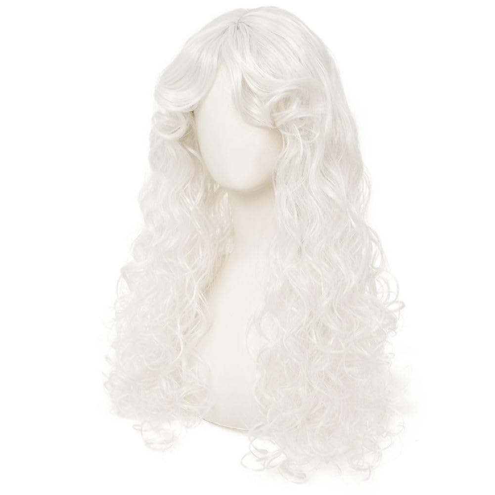 Tseses White Long Curly Wigs for Women Middle Part with Bangs Natural Synthetic Princess Hair Wig for Cosplay