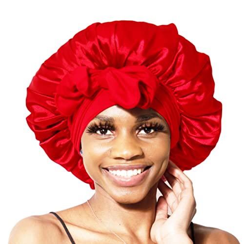 BONNET QUEEN Silk Bonnet for Sleeping Women Satin Bonnet Hair Bonnet night sleep cap scarf wrap for curly hair with tie band red