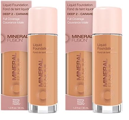 Mineral Fusion Full Coverage Foundation, Liquid Foundation - Deep 2- Tan Complexion w/Golden Undertones, Lightweight Matte Finish, Up to 12 Hr Hydration, Hypoallergenic & Vegan, 1 fl. oz (Pack of 2)