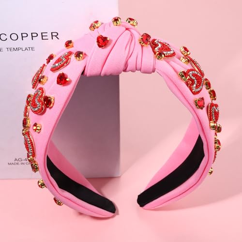 NVENF Valentine’s Day Headband for Women Love Heart Headband Jeweled Crystal Rhinestone Knotted Headband Red Pink Wide Top Knot Headband Valentine’s Day Hair Accessories Gifts (Letter 1 - White)