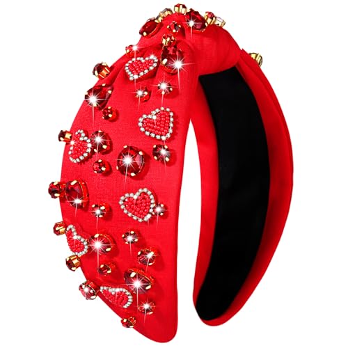 CEALXHENY Valentine’s Day Headband for Women Beaded Heart Headbands Red Pink Rhinestone Crystal Knotted Headband XOXO Love Heart Jeweled Hairbands Valentine’s Day Hair Accessories Gifts (Red Heart A)