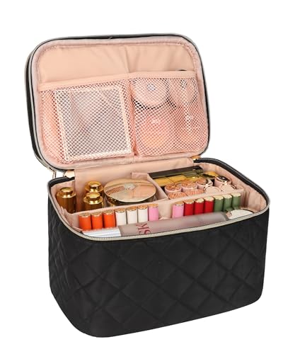 Travel Makeup Bag Organizer, Large Make Up Bag for Women, Double Layer Cosmetic Bag with Removable Dividers, Portable Makeup Case Storage, Black