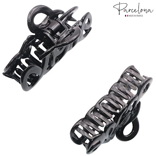 Parcelona French Love Medium 3" Celluloid Acetate Claw Clips Covered Spring Durable Fashion Hair Styling Clips Women Hair Accessories Girls Hair Clips (Black 3")