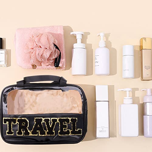 CRUOXIBB Chenille Letter Clear PVC And PU leather Large Travel Cosmetic Toiletry Storage Bag Waterproof Makeup Tote Bag Organizer Bag for Women(TRAVEL-Black)