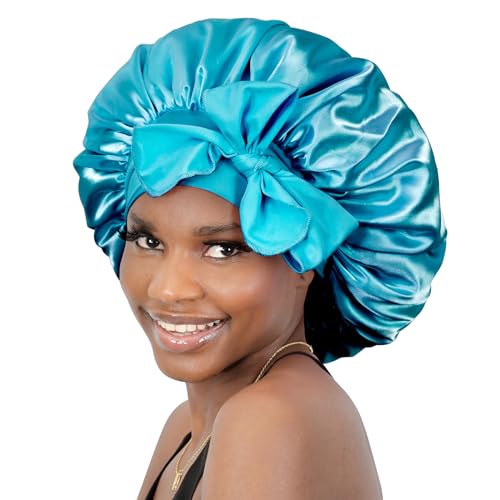 BONNET QUEEN Silk Bonnet for Sleeping Women Satin Bonnet Hair Bonnet Night Sleep Cap Scarf wrap for Curly Hair with tie Band Aqua