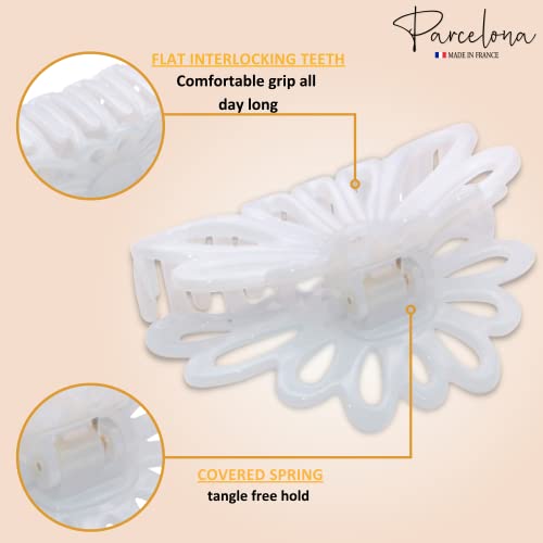 Parcelona French Plume 3" Celluloid No Slip Grip French Covered Spring Jaw Hair Claw Durable Styling Hair Accessories Women Strong Hold Girls Hair Claw Clips, Made in France (Solid White)