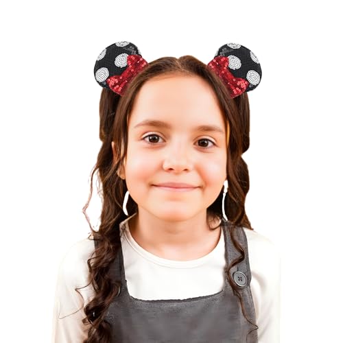 zhezesmila Shiny Mouse Ears Headband and Hair Clips, Glitter Party Princess Decoration with Red Bow Hair Accessories for Girls Women Adult Kids Birthday Party(black&white&red)