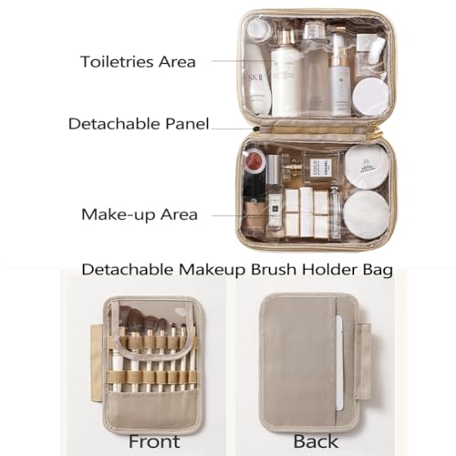 Sireck Travel Makeup Bag Cosmetic Bag,Large Capacity Toiletry Bag,Waterproof PU Leather Make Up Organizer with Detachable Makeup Brush Holder Bags (Beige)