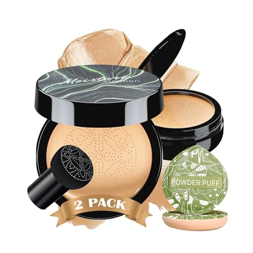 Mushroom Head Air Cushion CC Cream 2PCS Set - BB Cream Face Makeup Foundation with Power Puff for Mature Skin Moisturizing Concealer Brighten Long-Lasting, Skin Tone for All Skin Types(Buff Beige)