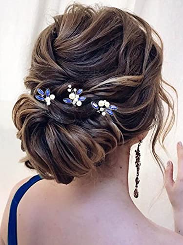 Latious Bride Wedding Hair Pins Pearl Bridal Hair Piece Blue Crystal Hair Clips Rhinestones Hair Accessories for Women and Girls (Pack of 3) (Silver)