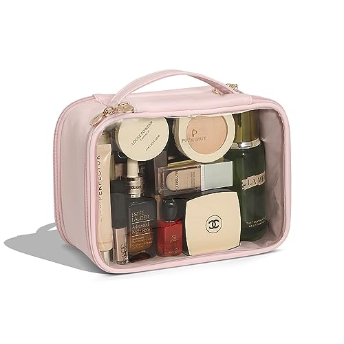 Pocmimut Makeup Bag,PU Leather Large Clear Makeup Bag Double Layer Travel Makeup Bag with Make Up Brush Bag Travel Essentials Organizers(Pink)