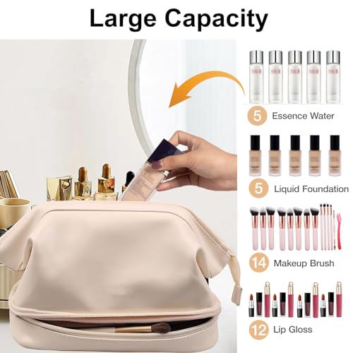 Qinyurj Travel Makeup Bag, Double Layer Cosmetic Bag, Leather Makeup Bag Organizer,Large Wide-open Toiletry Bag for Women(Off-White)