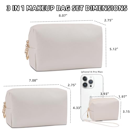 Likesing Small Makeup Bag Set, 3 Piece Preppy Nylon Travel Cosmetic Bags for Women, Mini Storage Pouch for Cosmetics Make Up Toiletry, Birthday Gift for Teen Girl (Beige, 3.5''-7.6'')