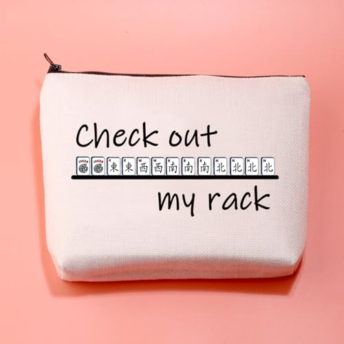 JXGZSO Funny Mahjong Makeup Bag Lucky Mahjong Player Gift Check Out My Rack Mahjong Cosmetic Zipper Bag Mahjong Board Game Storage Bag (Check Out My Rack)