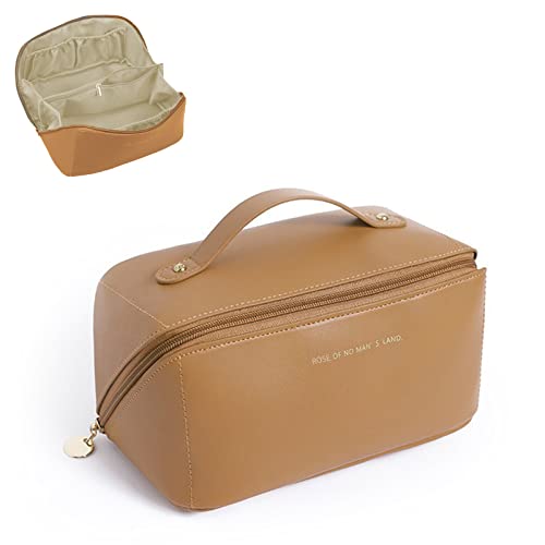 BAKLUCK Makeup Bag Leather Large Capacity Travel Cosmetic Bag Quilted Makeup Bag With Compartments Waterproof Portable Cosmetic Travel Bag for Women with Handle Brown Make up Bag