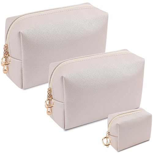 Likesing Small Makeup Bag Set, 3 Piece Preppy Nylon Travel Cosmetic Bags for Women, Mini Storage Pouch for Cosmetics Make Up Toiletry, Birthday Gift for Teen Girl (Beige, 3.5''-7.6'')