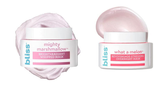 Bliss De-stress & Hydrating Mask Duo: Mighty Marshmallow Bright & Radiant Whipped mask and What a Melon Overnight Face Mask- All Skin Types- Vegan & Cruelty Free