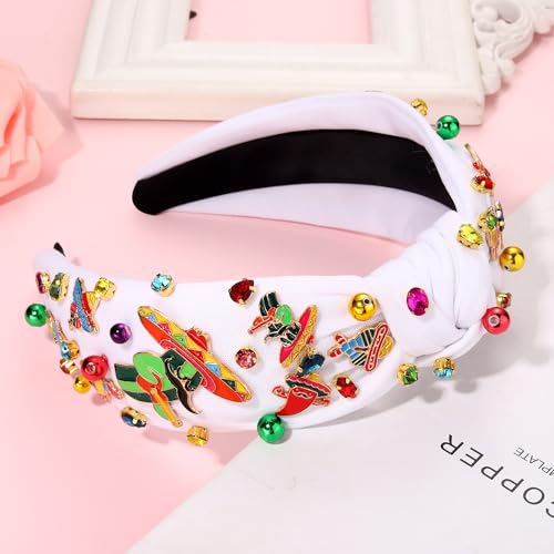 NVENF Mexican Headband for Women Cinco De Mayo Fiesta Pianata Chili Sombrero Headband Rhinestone Crystal Jeweled Wide Top Knot Headband Mexican Hair Accessories Gifts (Mixed C-White)