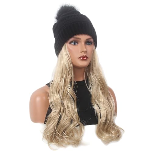 STfantasy Long Wavy Curly Hair Extensions Knit with Beanie Hat 26inch Heat Resistant Synthetic Wig Sewing Hairpiece Warm Pom for Women Winter Daily Wear (Blonde)