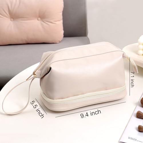 Qinyurj Travel Makeup Bag, Double Layer Cosmetic Bag, Leather Makeup Bag Organizer,Large Wide-open Toiletry Bag for Women(Off-White)