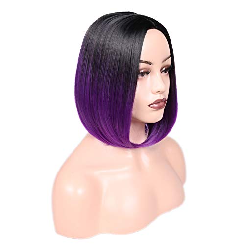 HANNE Ombre Purple Bob Wig Short Straight Bob Wig Heat Resistant Synthetic Hair Wigs for Black Women (Black to Purple)