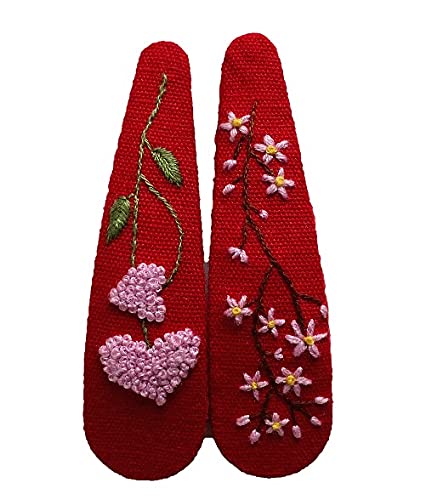 ETA Set of 2 Cute Handmade Embroidery Hair clips, Vintage Embroidered Flower Hair clips, Floral Hair Clips, Gift Daughter, Teenager, Woman, Girlfriend, Wife, Unique Hair Accessory, Red, HC02