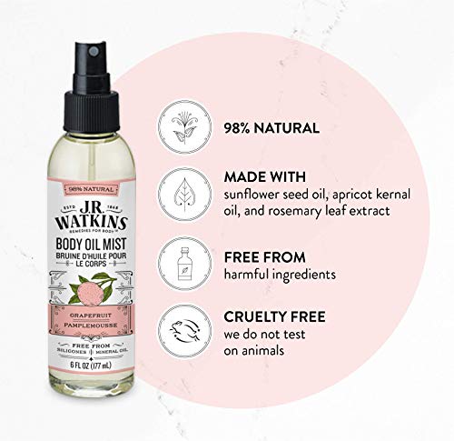 J.R. Watkins Natural Hydrating Body Oil Mist, Moisturizing Body Oil Spray for Glowing Skin, USA Made and Cruelty Free, Grapefruit, 6 fl oz, Single