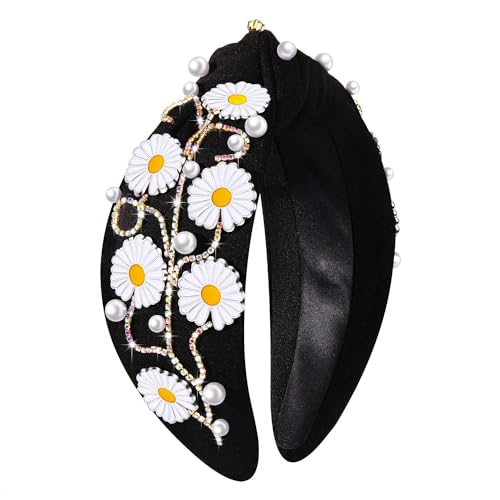 Flower Knotted Headband Boho Spring Rhinestone Crystal Jeweled Flowers Leaf Top Knot Headband Summer Beach Wedding Holiday Party Head Band Hair Accessories Gift for Women Girls