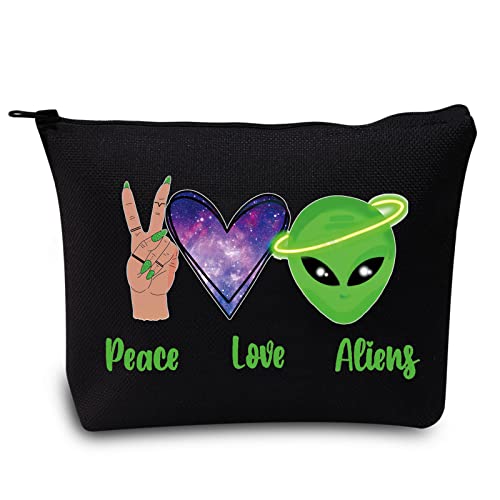 LEVLO Funny Alien Cosmetic Bag Alien Lover Gift Peace Love Alien Makeup Zipper Pouch Bag UFO ET Fans Gift (Peace Alien Black)