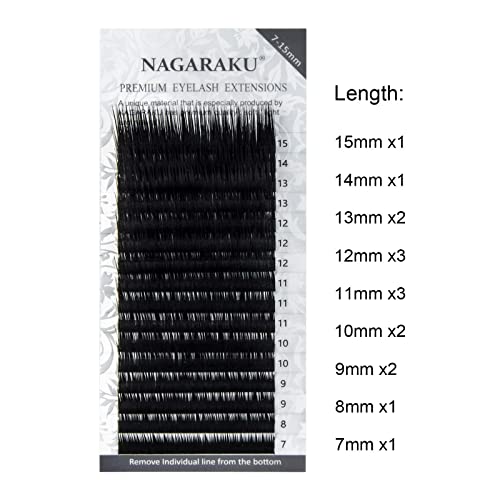 NAGARAKU Eyelash Extensions Individual Lashes 0.20mm B curl 7-15mm Mix Tray Classic Matte Black Natural Faux Mink 16 rows