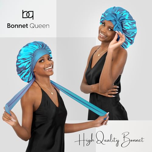 BONNET QUEEN Silk Bonnet for Sleeping Women Satin Bonnet Hair Bonnet Night Sleep Cap Scarf wrap for Curly Hair with tie Band Aqua