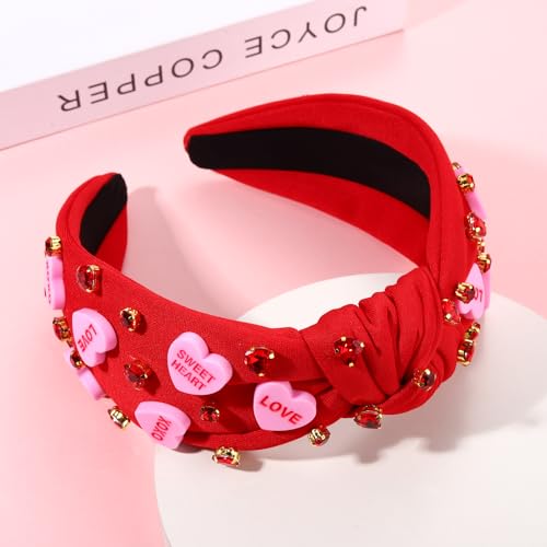 YAHPERN Valentine’s Day Headband for Women Red Pink Heart Knotted Headband Jeweled Rhinestone Crystal Wide Top Knot Hairband Valentine’s Day Hair Accessories Holiday Gifts (Letter Heart)