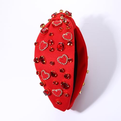 CEALXHENY Valentine’s Day Headband for Women Beaded Heart Headbands Red Pink Rhinestone Crystal Knotted Headband XOXO Love Heart Jeweled Hairbands Valentine’s Day Hair Accessories Gifts (Red Heart A)