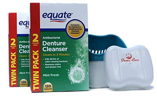 Denture Cleanser Equate Tablets Fresh Mint 240 Bundle with Dentu-Care Denture Retainer Cleaning Cup Case Bath With Basket Lid for Maintaining Good Oral Care for Full/Partial Dentures