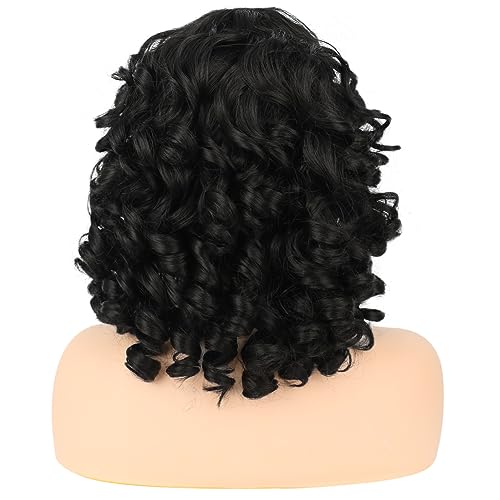 HUAISU Short Black Curly Kinky Wig with Bangs Synthetic High Density Shoulder Length Deep Wave Density Wig for Women One Piece Heat Resistant Fluffy Cosplay Wig (Black, 14inch)