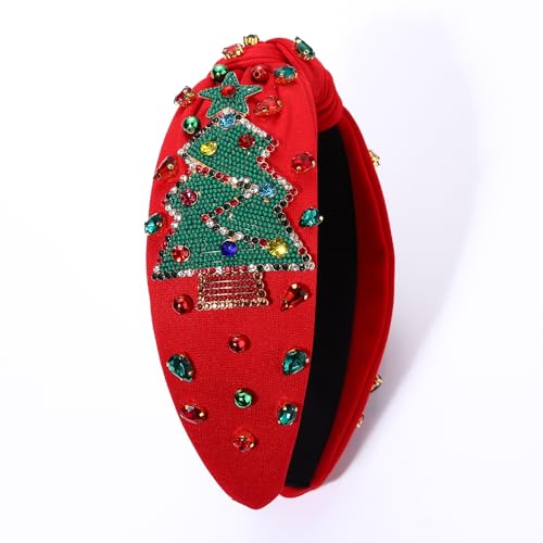 Christmas Headband for Women Holiday Christmas Accessories Beaded Xmas Bow Tree Snowflake HOHOHO Knotted Headband Red Green Crystal Pearl Top Knot Headband Festive Holiday Gifts (Xmas Tree 6)