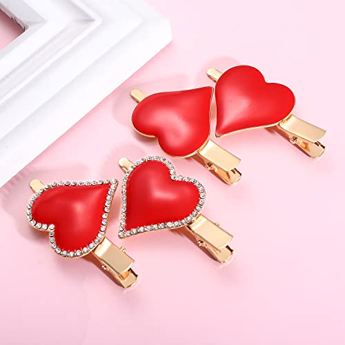 HZEYN 4 Pack Valentine's Day Heart Hair Clips Big Red Enamel Rhinestone Heart Hairpin Hair Accessories Gift for Women Girls (Enamel Red)