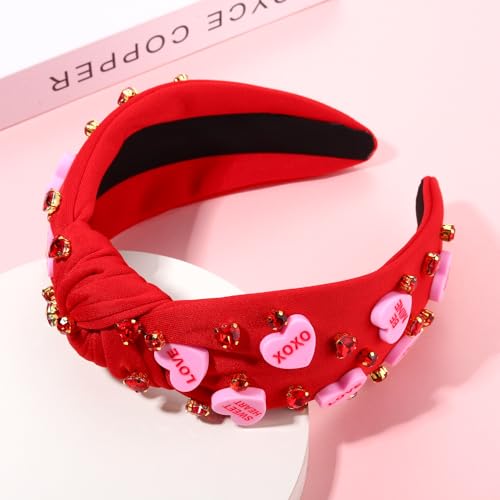 YAHPERN Valentine’s Day Headband for Women Red Pink Heart Knotted Headband Jeweled Rhinestone Crystal Wide Top Knot Hairband Valentine’s Day Hair Accessories Holiday Gifts (Letter Heart)